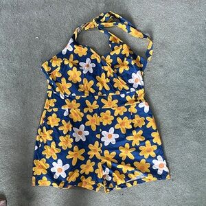 Modcloth Navy Romper with Yellow & White Floral Print